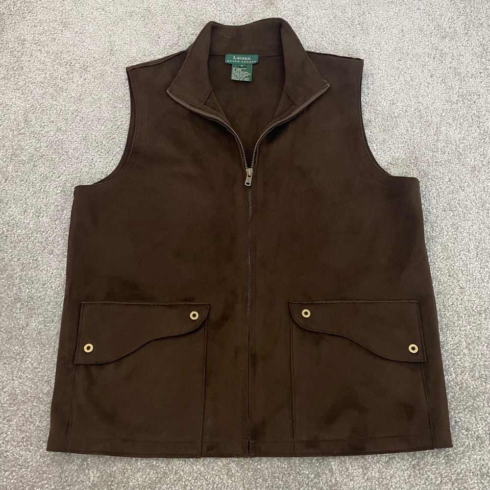 Lauren Ralph Lauren Suede Vest Womens Medium Faux Brown Full Zip Old Money Fall